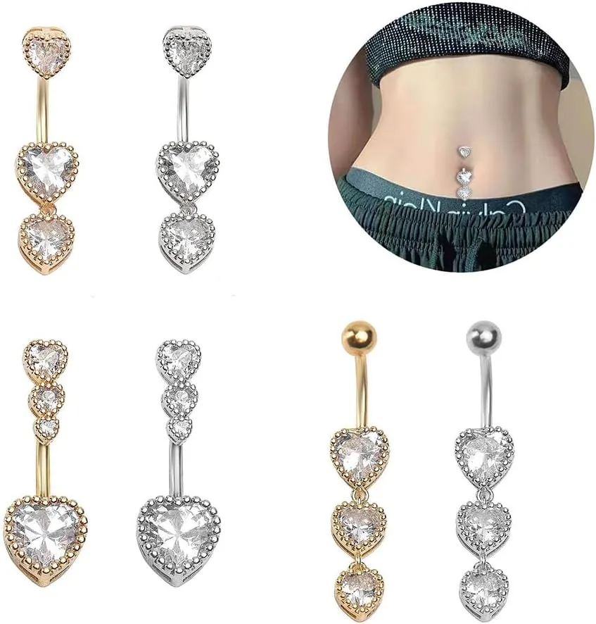 3Pcs 14G Stainless Steel Dangle Belly Button Rings Cubic Zirconia Heart Star Round Belly Navel Barbell Rings Belly Piercing Jewelry for Women
