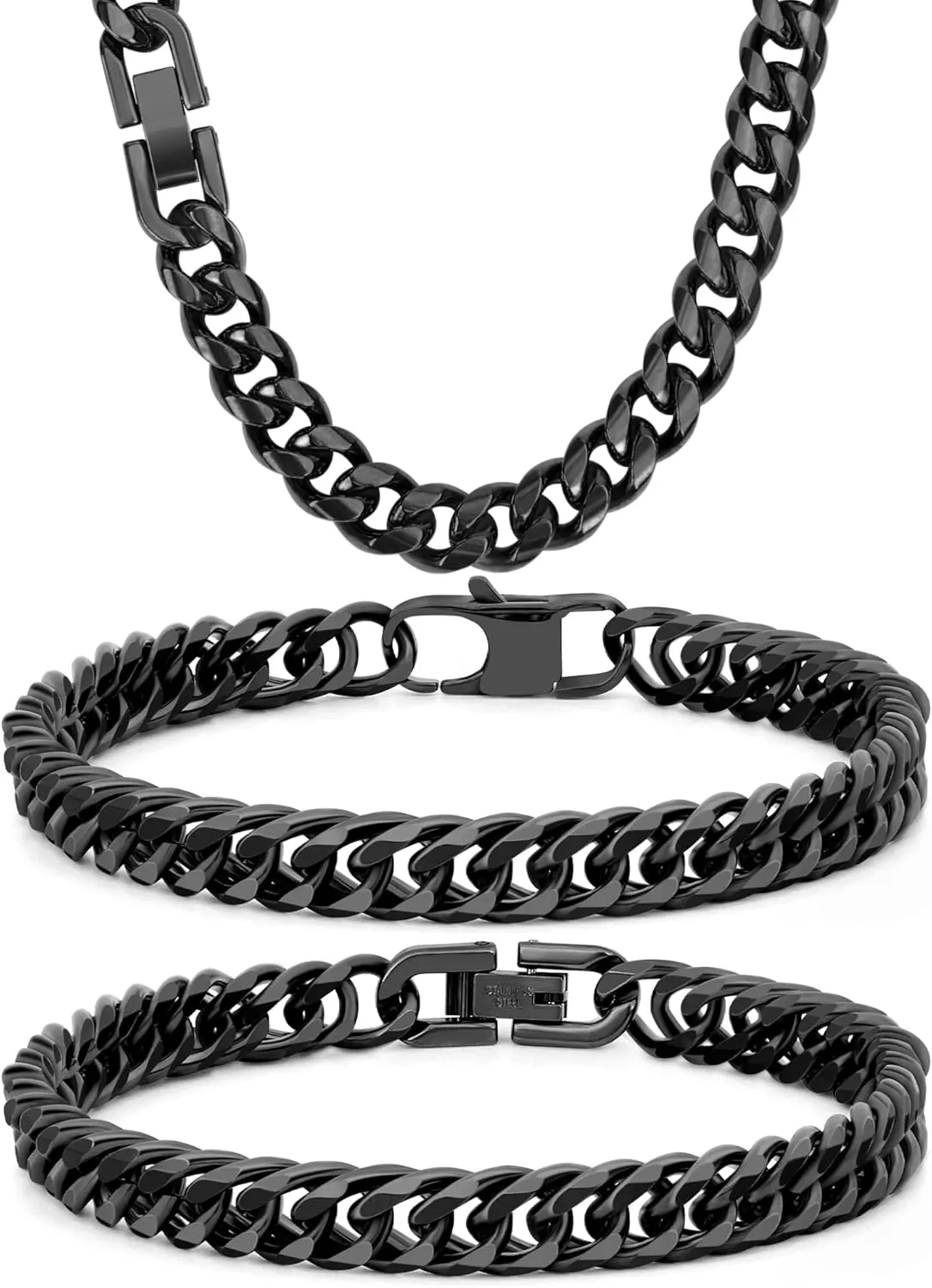 3PCS Cuban Link Bracelet Necklace, Black Sturdy 316L Stainless Steel Cuban Link Chain for Men Jewelry Set 8mm, 7/8/9 Inches