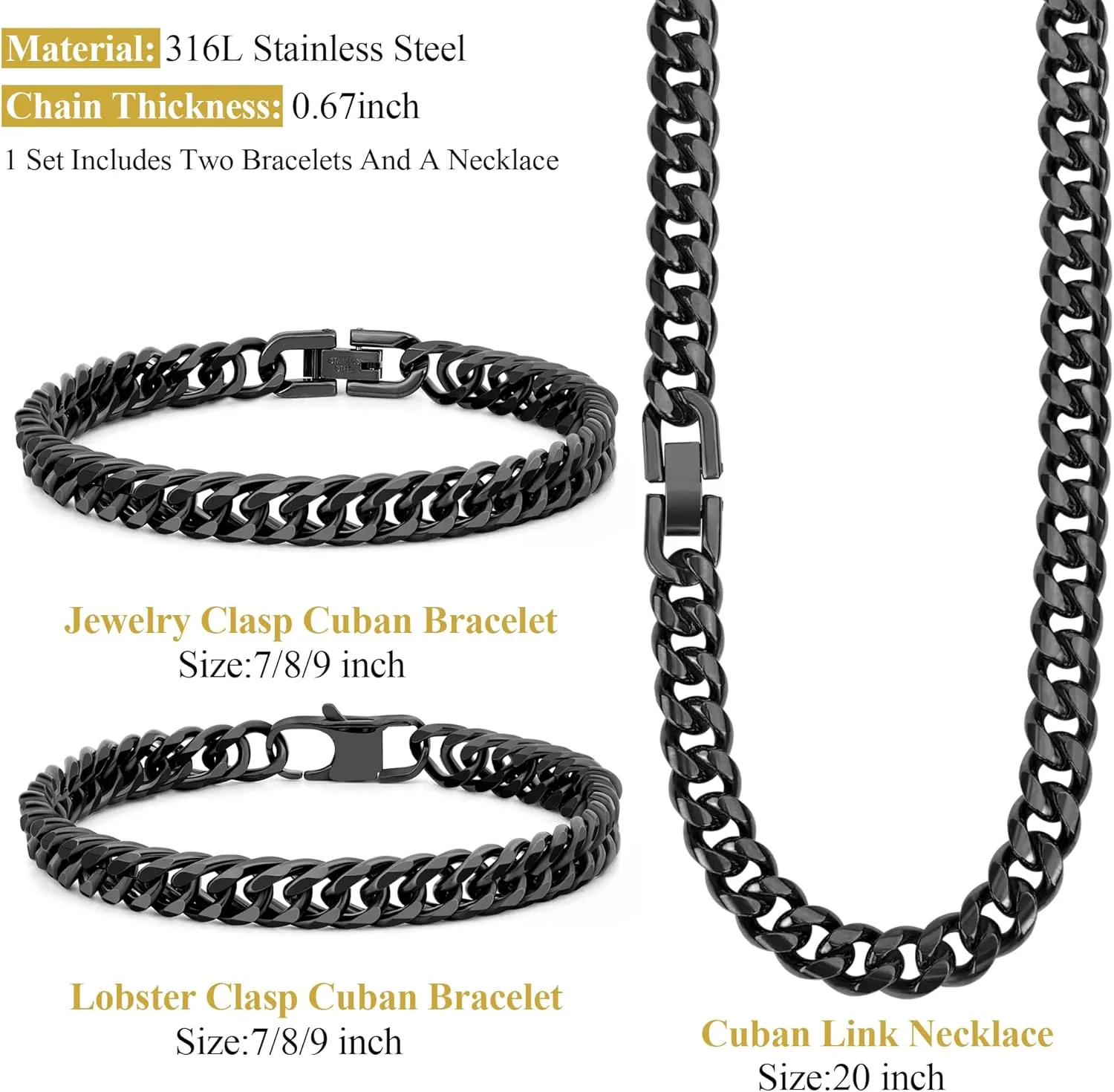 3PCS Cuban Link Bracelet Necklace, Black Sturdy 316L Stainless Steel Cuban Link Chain for Men Jewelry Set 8mm, 7/8/9 Inches