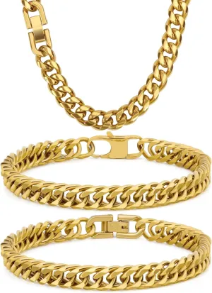 3PCS Cuban Link Bracelet Necklace, Gold Sturdy 316L Stainless Steel Cuban Link Chain for Men Jewelry Set 8mm, 7/8/9 Inches