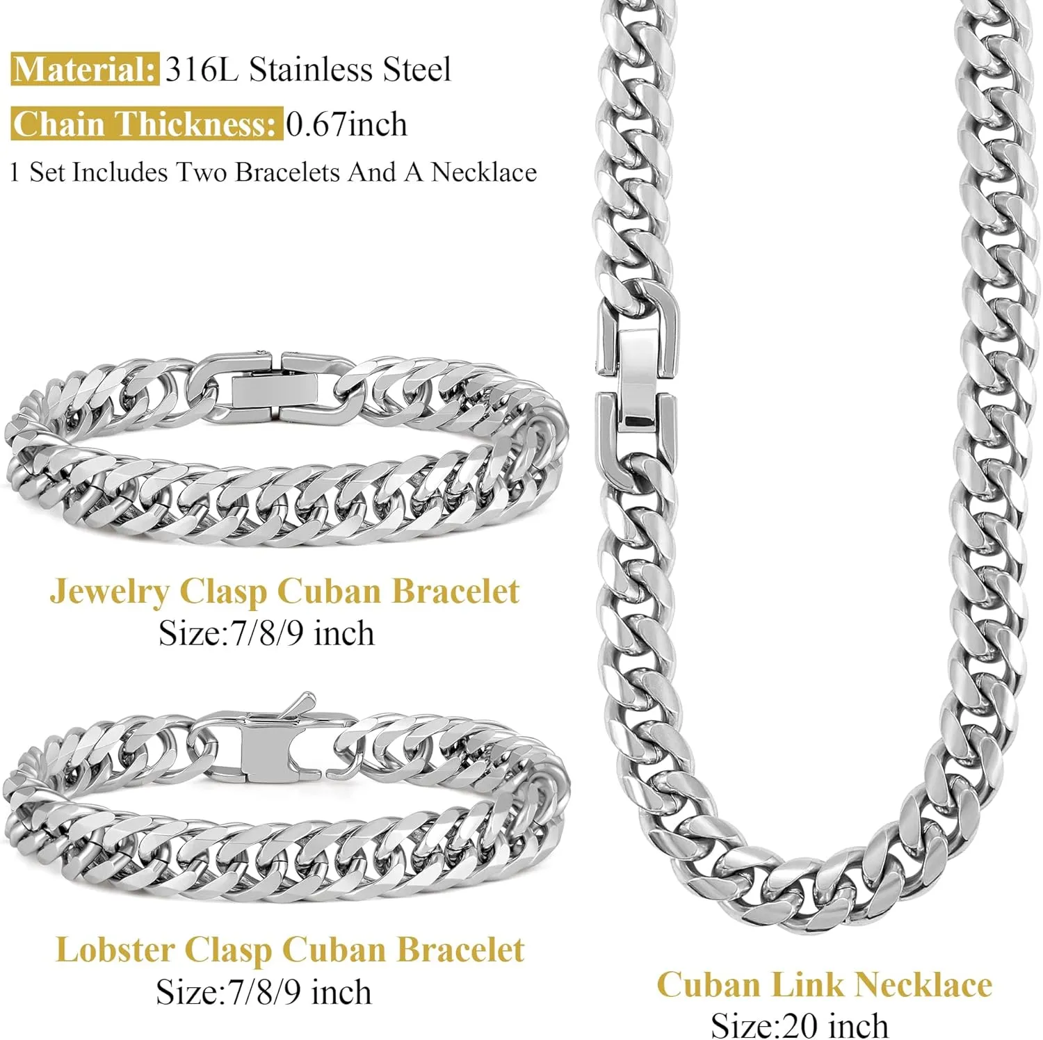 3PCS Cuban Link Bracelet Necklace, Sturdy 316L Stainless Steel Cuban Link Chain for Men Jewelry Set 8mm, 7/8/9 Inches