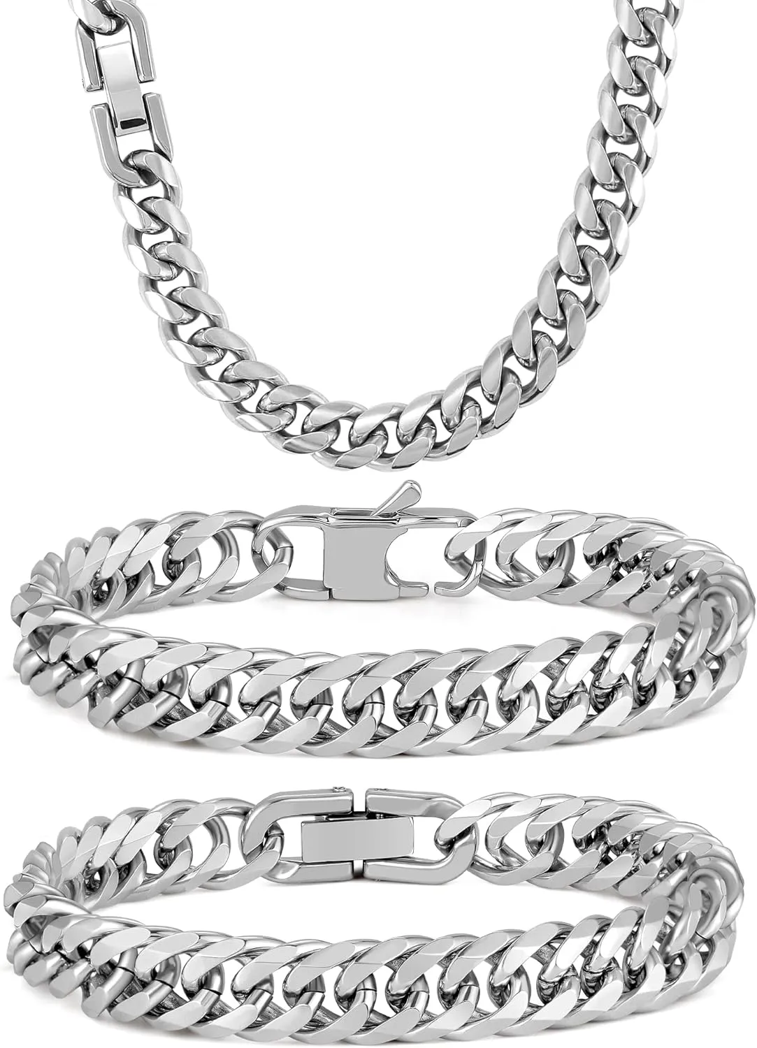 3PCS Cuban Link Bracelet Necklace, Sturdy 316L Stainless Steel Cuban Link Chain for Men Jewelry Set 8mm, 7/8/9 Inches