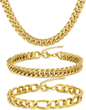 3PCS Cuban Link Figaro Bracelet Necklace for Men, Silver Gold Black Sturdy 316L Stainless Steel Cuban Link Figaro Chain with 2-inch Jewelry Set with Gift Message Card 8mm