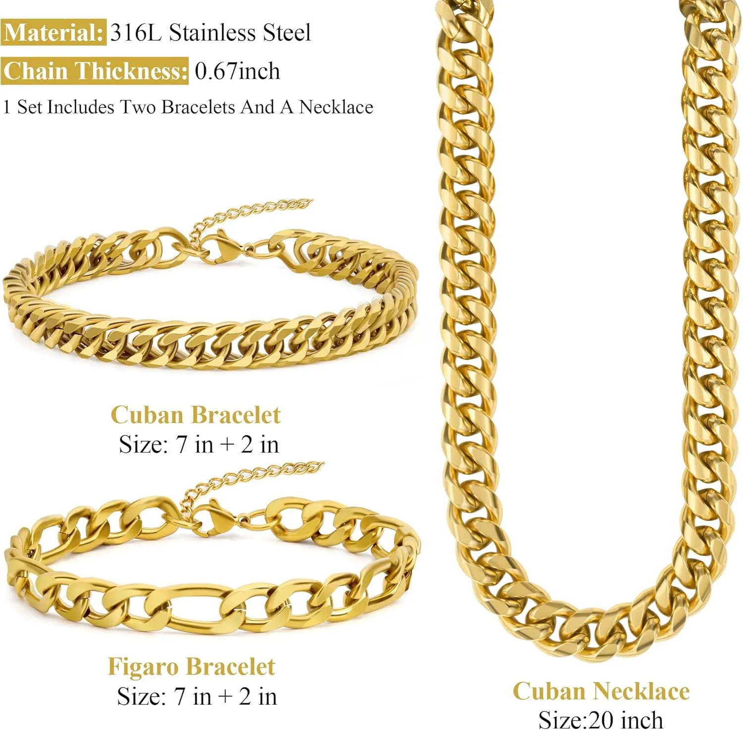 3PCS Cuban Link Figaro Bracelet Necklace for Men, Silver Gold Black Sturdy 316L Stainless Steel Cuban Link Figaro Chain with 2-inch Jewelry Set with Gift Message Card 8mm