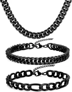3PCS Cuban Link Figaro Bracelet Necklace for Men, Silver Gold Black Sturdy 316L Stainless Steel Cuban Link Figaro Chain with 2-inch Jewelry Set with Gift Message Card 8mm
