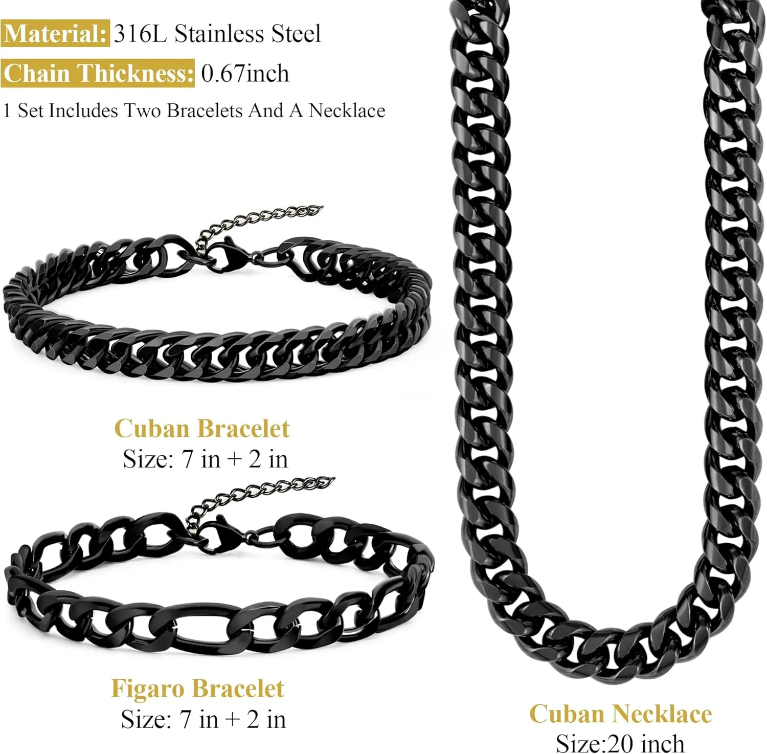 3PCS Cuban Link Figaro Bracelet Necklace for Men, Silver Gold Black Sturdy 316L Stainless Steel Cuban Link Figaro Chain with 2-inch Jewelry Set with Gift Message Card 8mm