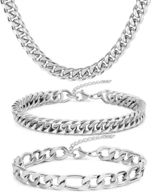 3PCS Cuban Link Figaro Bracelet Necklace for Men, Silver Gold Black Sturdy 316L Stainless Steel Cuban Link Figaro Chain with 2-inch Jewelry Set with Gift Message Card 8mm