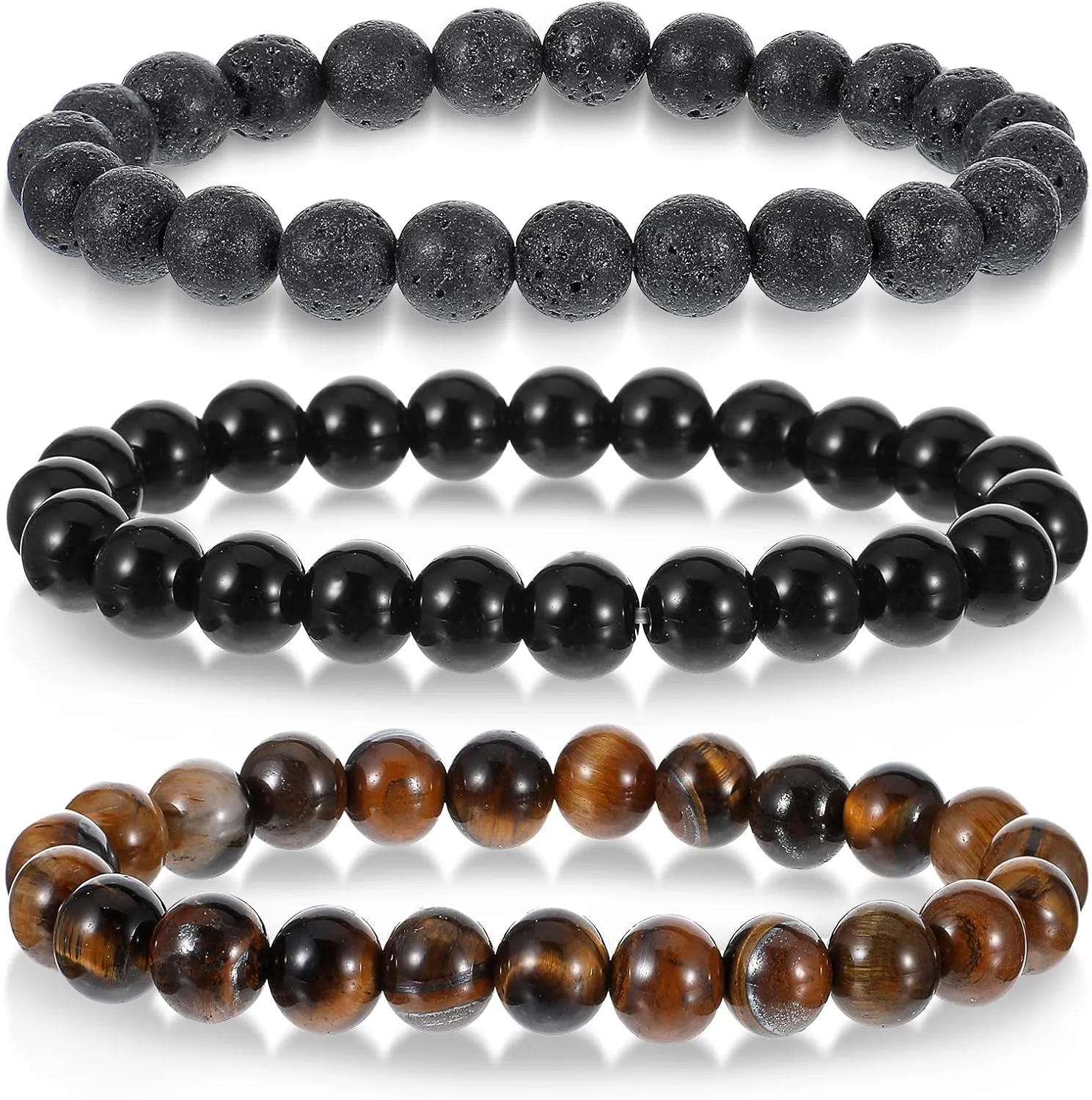 3PCS Lava Rock Bracelet, Mens Beads Bracelet Black Elastic 8mm Wrist Beads for Men Lava Rock Bracelets Men's Jewelry for Gift Tiger Eye Bracelets