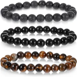 3PCS Lava Rock Bracelet, Mens Beads Bracelet Black Elastic 8mm Wrist Beads for Men Lava Rock Bracelets Men's Jewelry for Gift Tiger Eye Bracelets