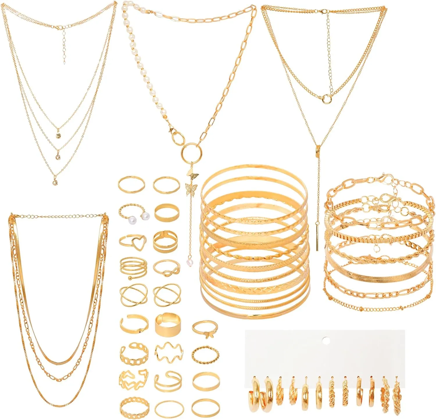 48pcs Gold Jewelry Set for Women Multi Layered Necklace Knuckle Rings Stackable Bracelets Dainty Earrings Anniversary Birthday Valentine Gift Pack for Women