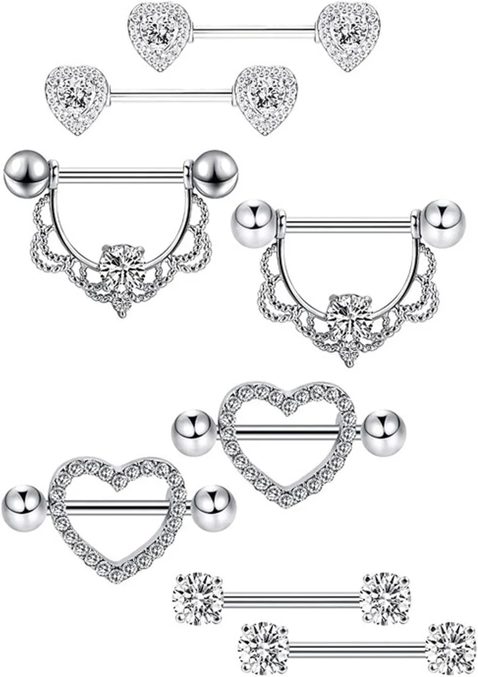 4Pairs 14G Stainless Steel Nipple Rings Glitter CZ Heart Straight Barbell Bars Tongue Ring 16mm(5/8Inch) Body Piercing Jewelry Set