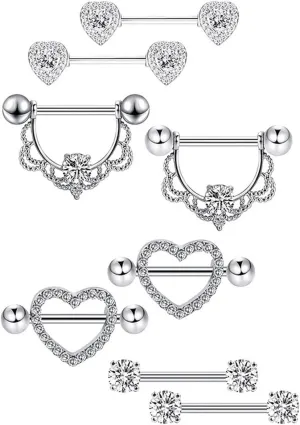 4Pairs 14G Stainless Steel Nipple Rings Glitter CZ Heart Straight Barbell Bars Tongue Ring 16mm(5/8Inch) Body Piercing Jewelry Set