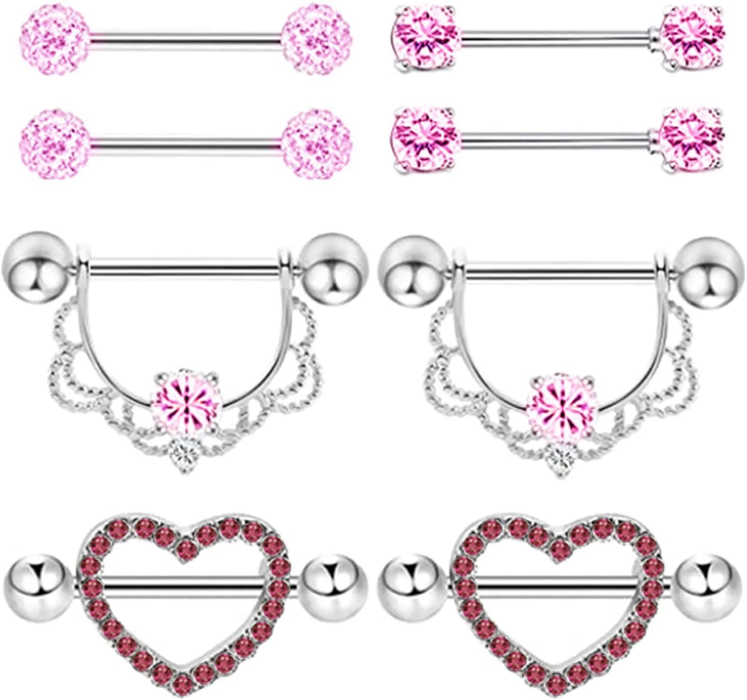 4Pairs 14G Stainless Steel Nipple Rings Silver Glitter CZ Ball Heart Straight Barbell Bars Tongue Ring 14mm(9/16Inch) Body Piercing Jewelry Set