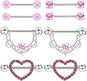 4Pairs 14G Stainless Steel Nipple Rings Silver Glitter CZ Ball Heart Straight Barbell Bars Tongue Ring 14mm(9/16Inch) Body Piercing Jewelry Set