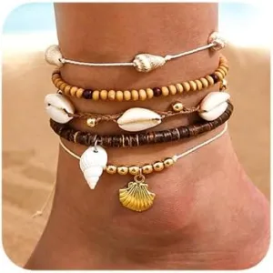 5 Pcs Boho Women Shell Ankle Bracelets Summer Beach Brown Anklet Glitter Tennis Foot Chain Wedding Bling Anklets Accessories for Women
