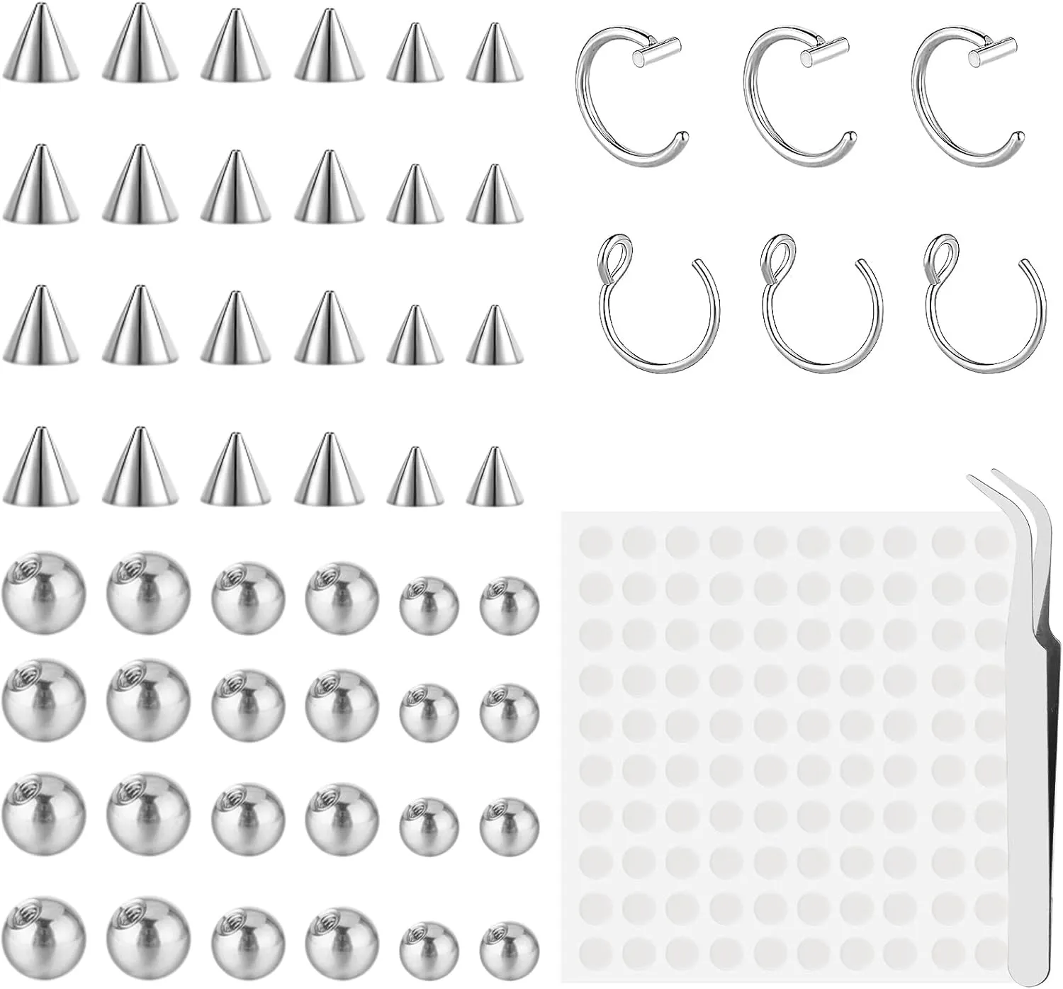 54Pcs Fake Eyebrow Piercing,Fake Nose Stud, Faux Septum Piercings Studs Set,3mm 4mm 5mm with 100 Pieces Stickers for Non-pierced Nose Jewelry, Unisex