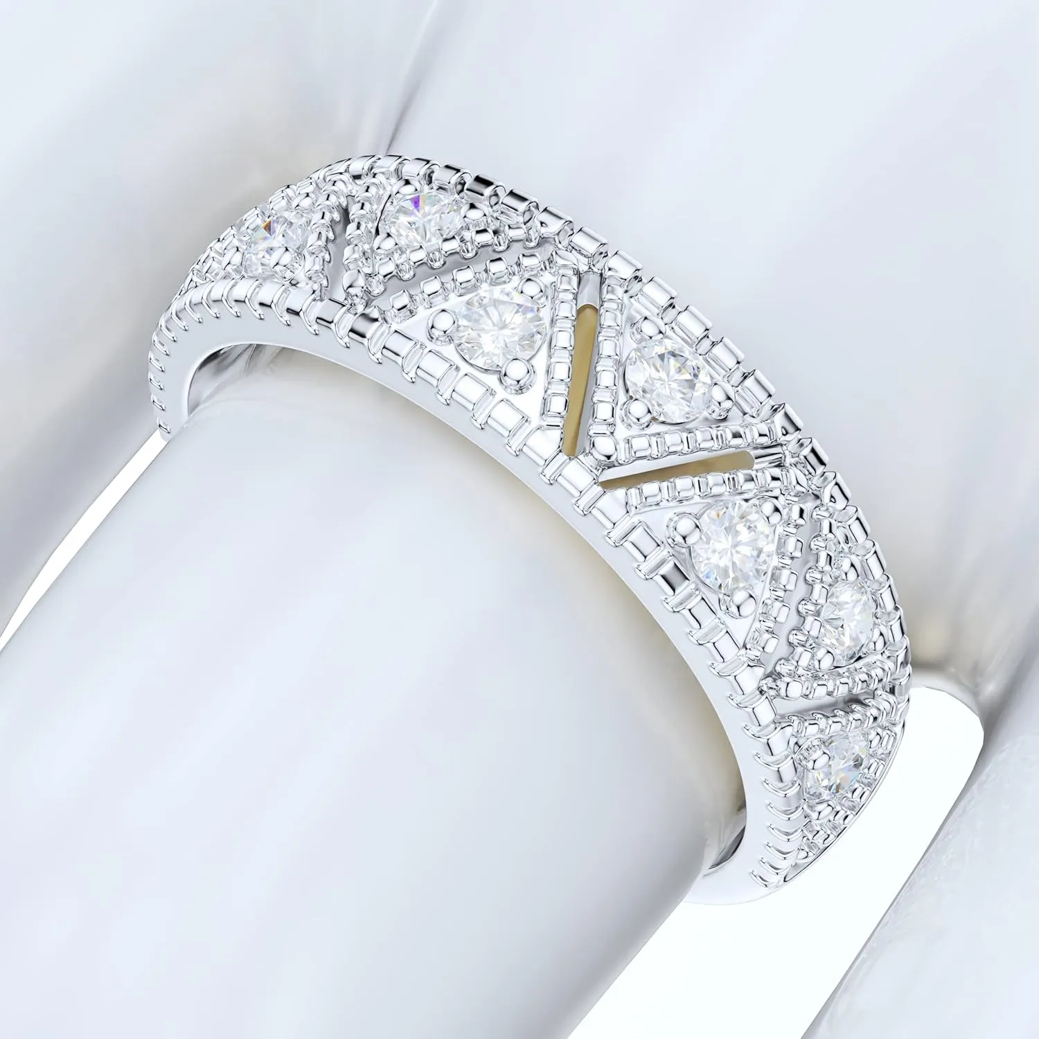 5.5mm Wide Sterling Silver Vintage Milgrain Simulated Round Brilliant Cut Diamond or Moissanites Unisex Wedding Ring