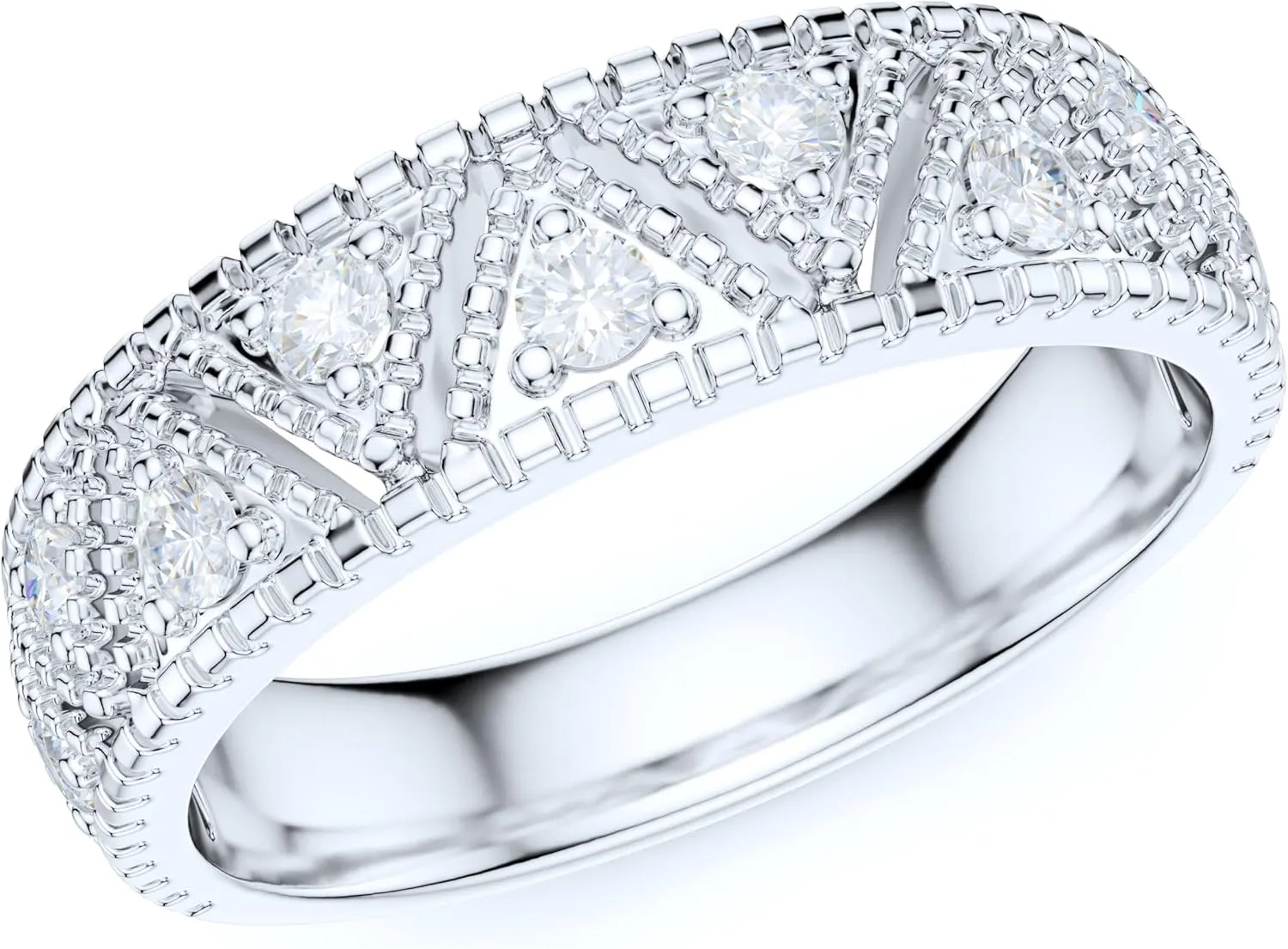 5.5mm Wide Sterling Silver Vintage Milgrain Simulated Round Brilliant Cut Diamond or Moissanites Unisex Wedding Ring
