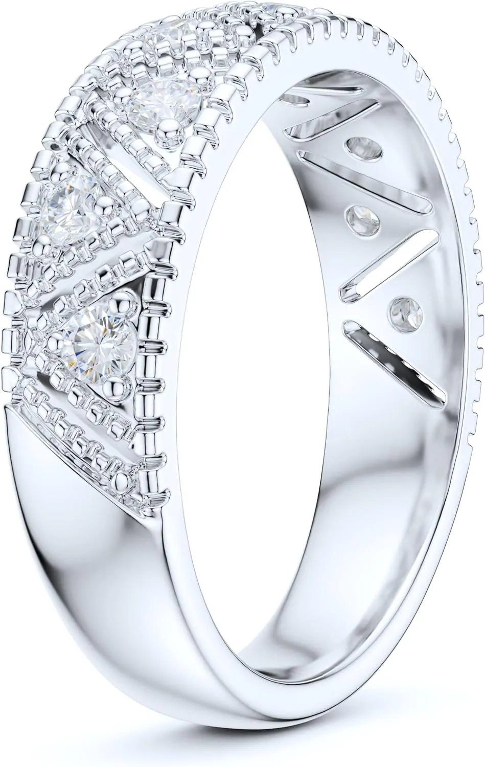 5.5mm Wide Sterling Silver Vintage Milgrain Simulated Round Brilliant Cut Diamond or Moissanites Unisex Wedding Ring