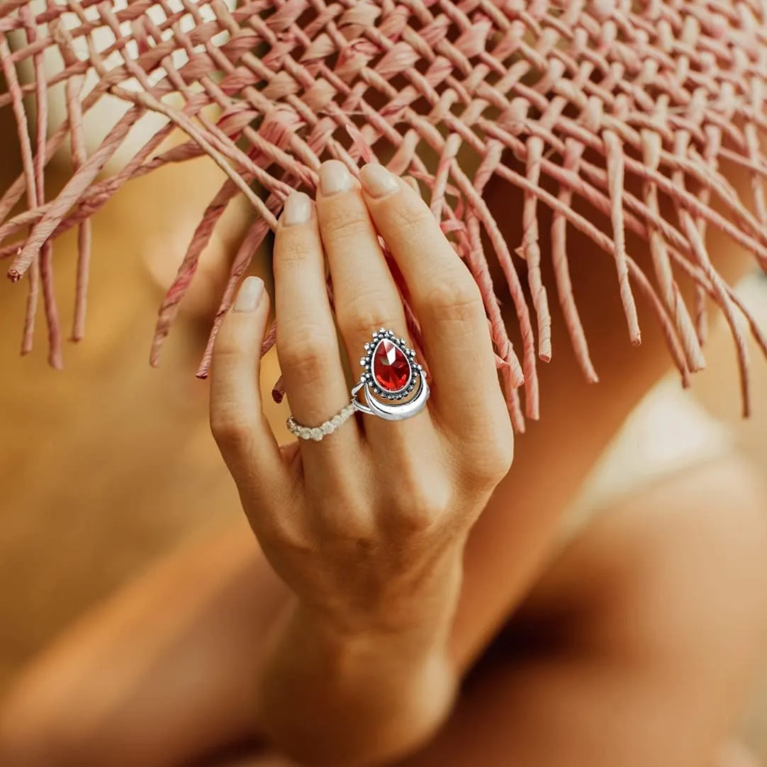 5A Brilliant Cubic Zirconia Crescent Moon Ring for Women,S925 Sterling Silver Waterdrop Pyramid Shaped CZ Gem Boho Statement Ring Jewelry
