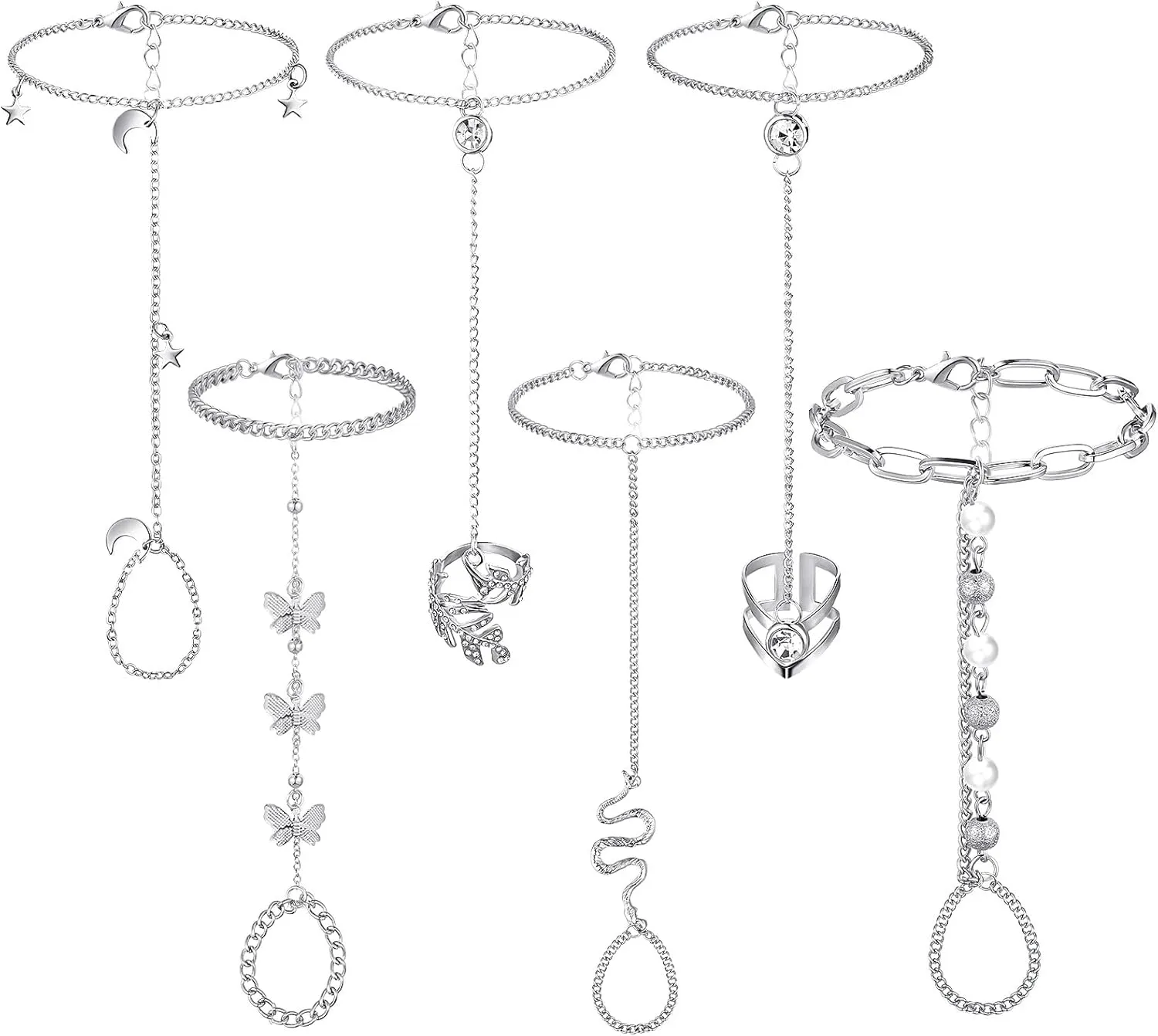 6 Pieces Finger Ring Bracelet Linked Rhinestone Hand Harness Chain Slave Bracelet with Ring Everyday Jewelry for Women Girls