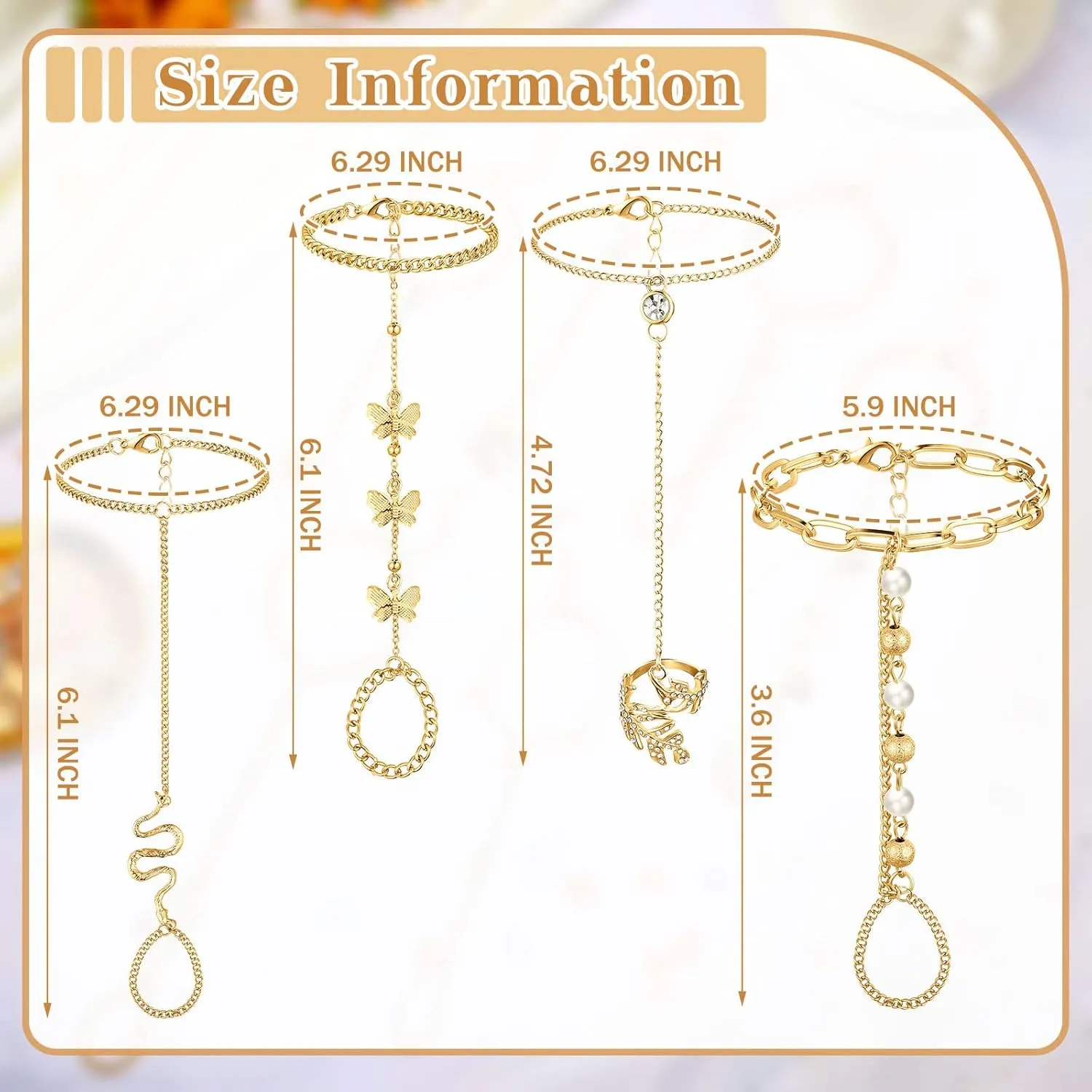 6 Pieces Finger Ring Bracelet Linked Rhinestone Hand Harness Chain Slave Bracelet with Ring Everyday Jewelry for Women Girls