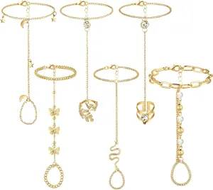 6 Pieces Finger Ring Bracelet Linked Rhinestone Hand Harness Chain Slave Bracelet with Ring Everyday Jewelry for Women Girls