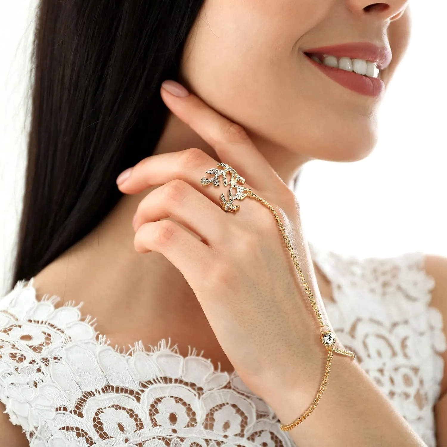 6 Pieces Finger Ring Bracelet Linked Rhinestone Hand Harness Chain Slave Bracelet with Ring Everyday Jewelry for Women Girls