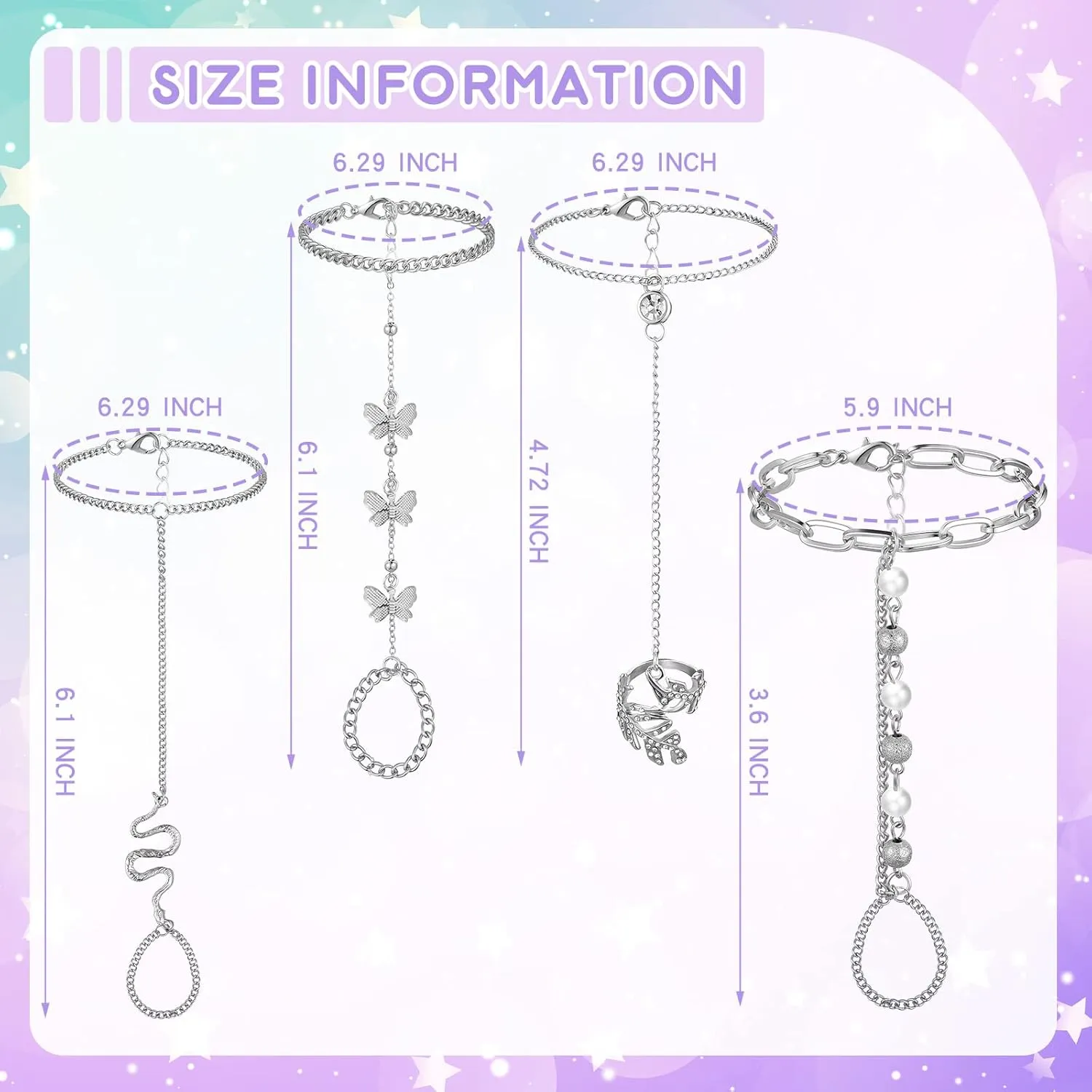 6 Pieces Finger Ring Bracelet Linked Rhinestone Hand Harness Chain Slave Bracelet with Ring Everyday Jewelry for Women Girls
