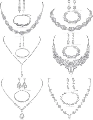 6 Sets Bridesmaid Jewelry Set for Wedding Silver Crystal Rhinestone Necklace Earrings Bracelet for Women Bride Bridal Jewelry