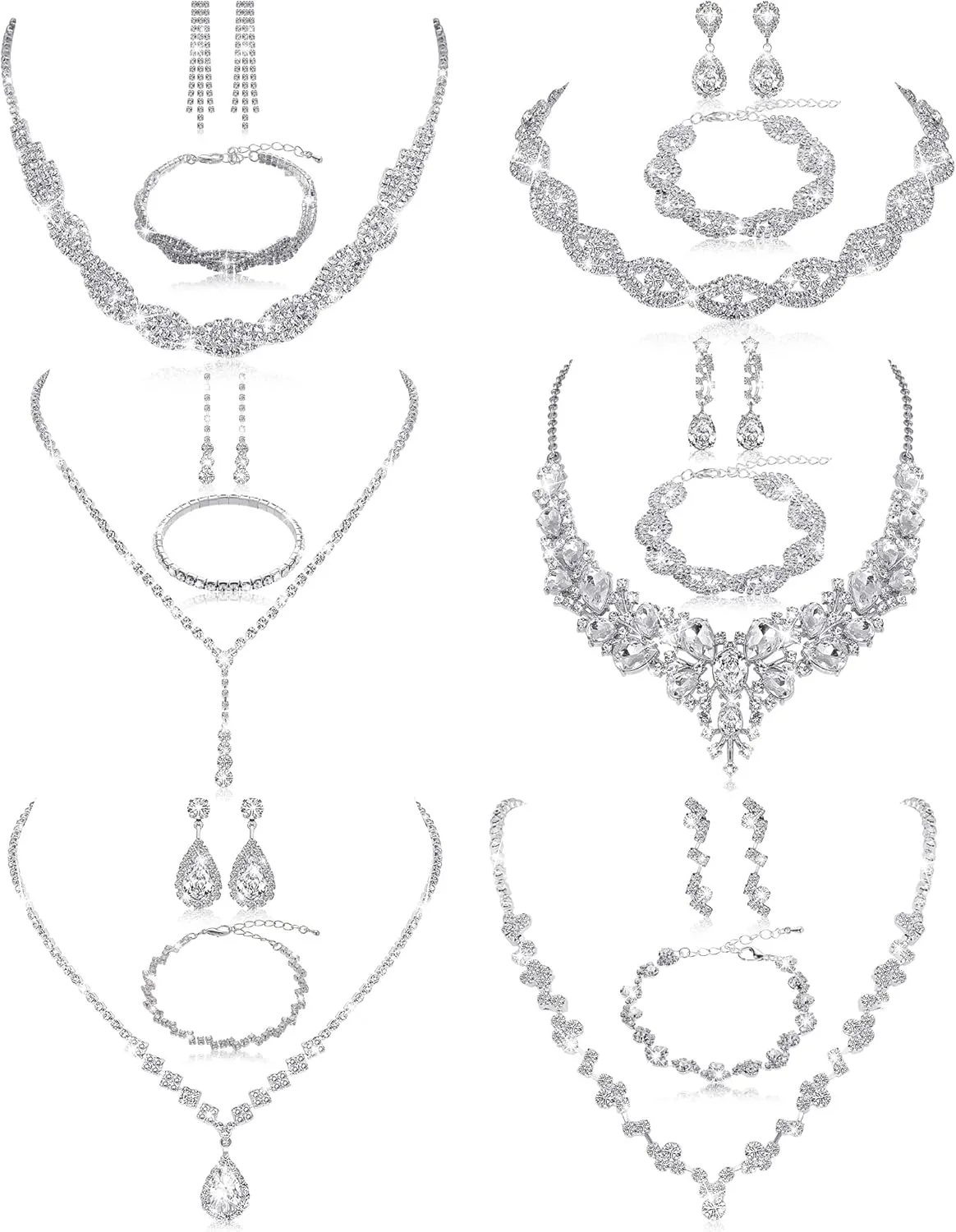 6 Sets Bridesmaid Jewelry Set for Wedding Silver Crystal Rhinestone Necklace Earrings Bracelet for Women Bride Bridal Jewelry
