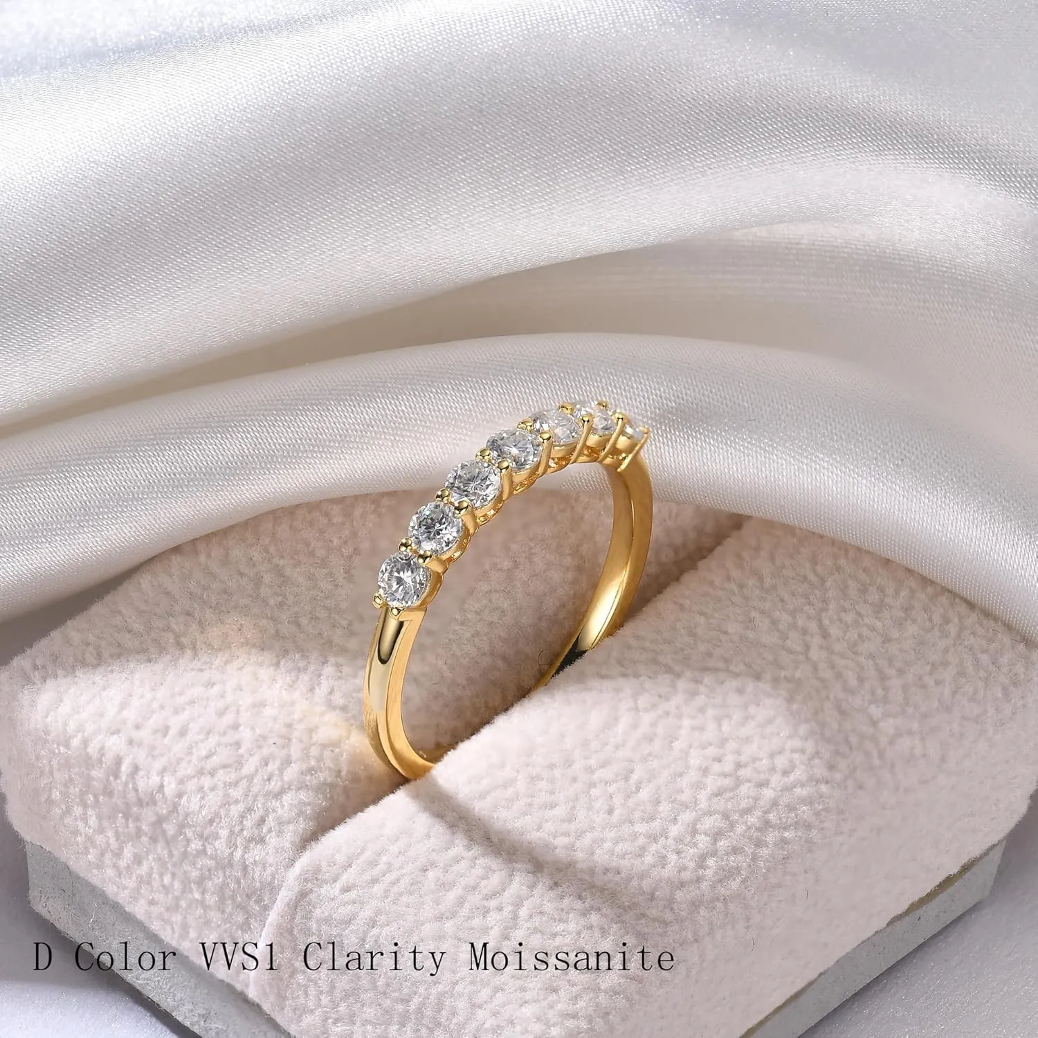 7 Stone Moissanite Rings for Women, 3MM Round D Color VVS1 Clarity Lab Created Diamond Rings 14K Yellow White Gold Vermeil Moissanite Wedding Band for Women Anniversary Promise Rings for Her