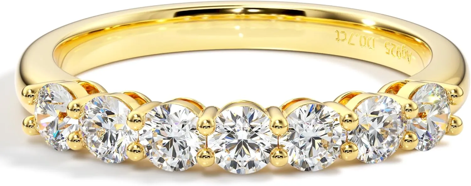 7 Stone Moissanite Rings for Women, 3MM Round D Color VVS1 Clarity Lab Created Diamond Rings 14K Yellow White Gold Vermeil Moissanite Wedding Band for Women Anniversary Promise Rings for Her