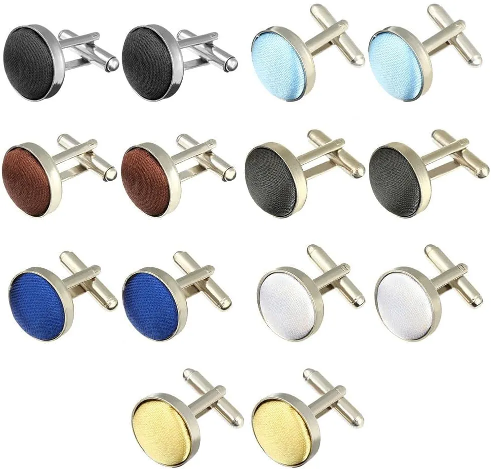 7Pairs Classic Mens Cufflinks Stylish Colour Fabric Shirt Clip Cuff Links Round Buttons Commercial Accessories Plain Wedding Party