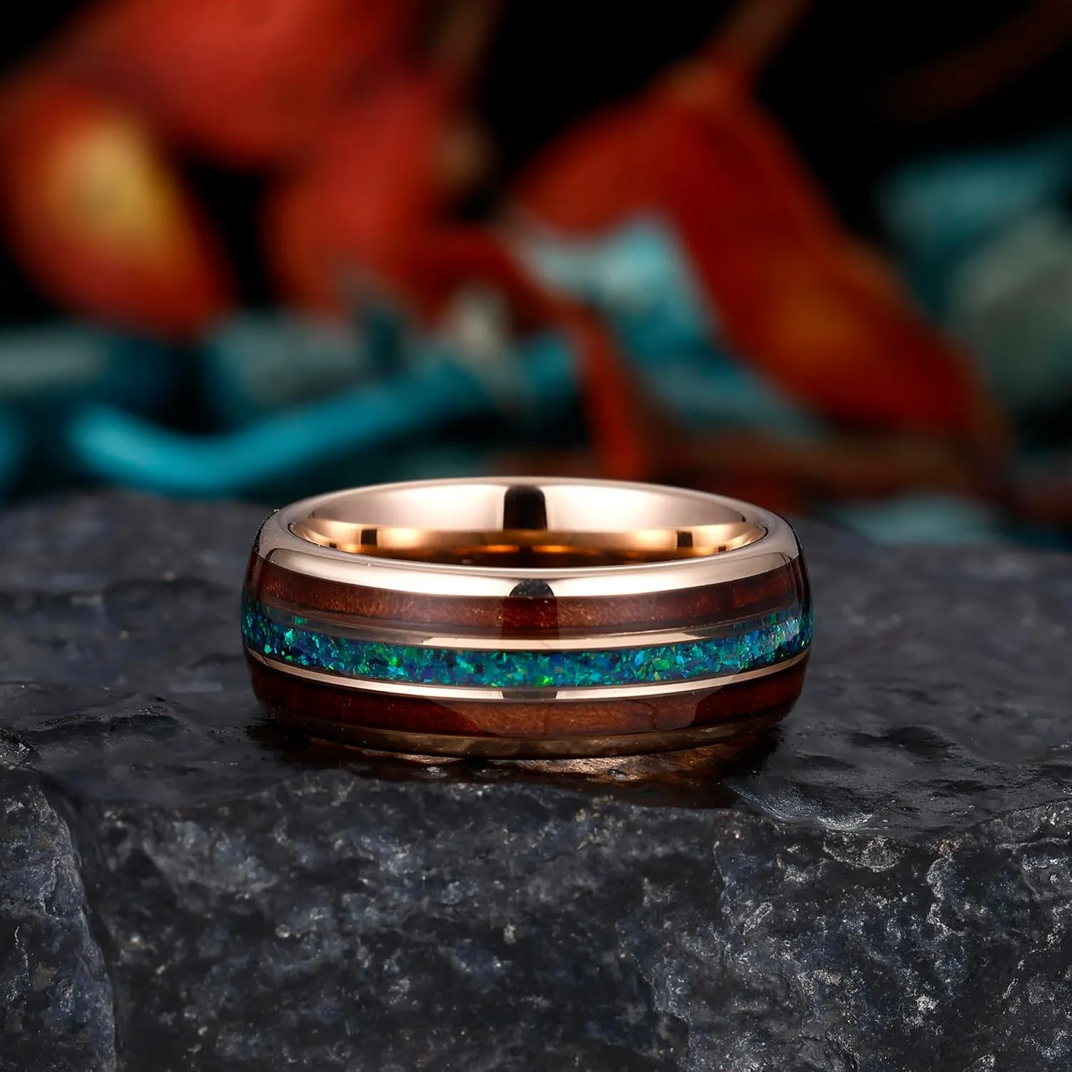 8mm Tungsten Rings for Men Rose Gold Men's Wedding Engagement Promise Bands with Meteorite/Dinosaur Bone/Wood/Blue Green Opal Chips Inlay Dome Polished Comfort Fit Size 7-14