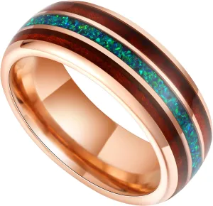 8mm Tungsten Rings for Men Rose Gold Men's Wedding Engagement Promise Bands with Meteorite/Dinosaur Bone/Wood/Blue Green Opal Chips Inlay Dome Polished Comfort Fit Size 7-14