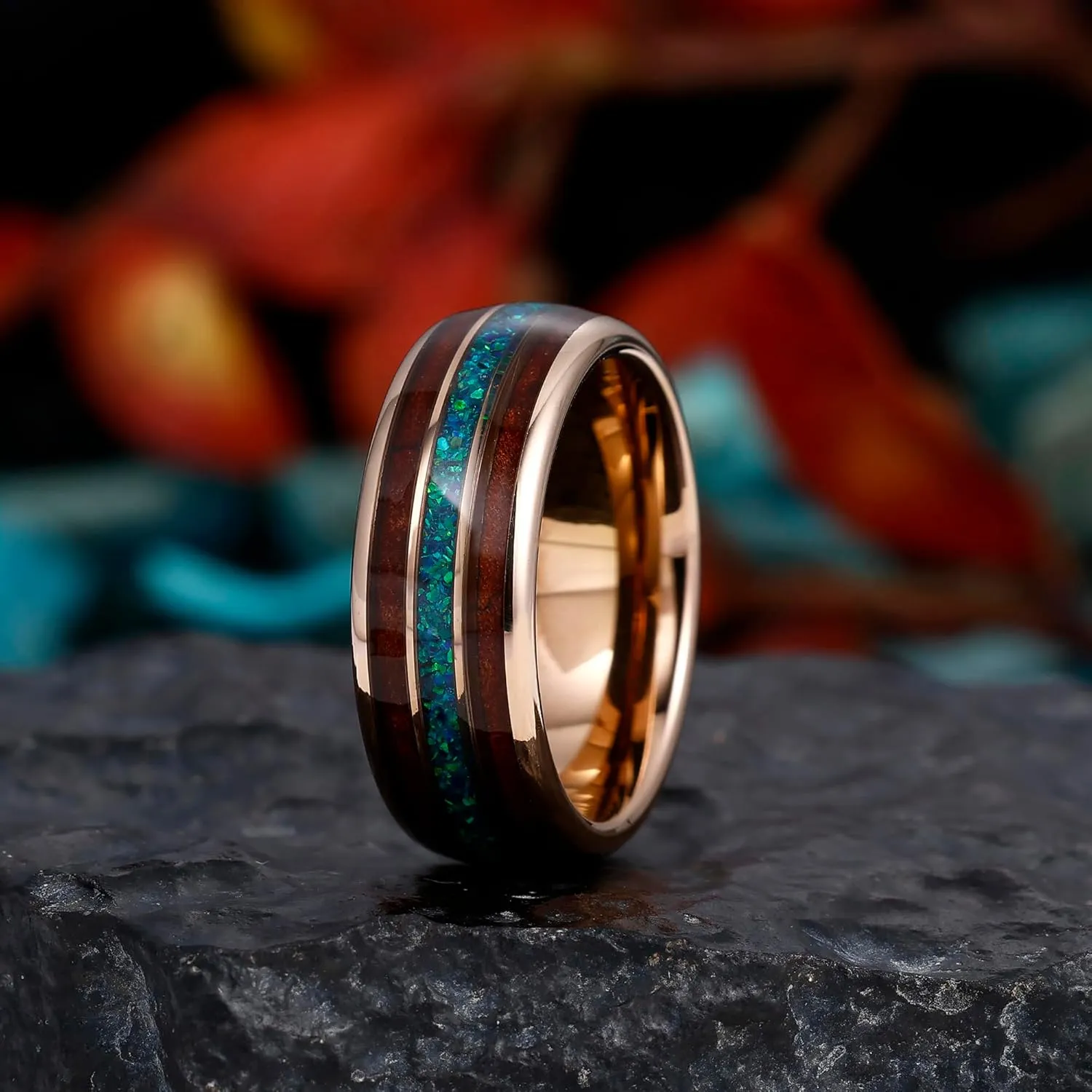 8mm Tungsten Rings for Men Rose Gold Men's Wedding Engagement Promise Bands with Meteorite/Dinosaur Bone/Wood/Blue Green Opal Chips Inlay Dome Polished Comfort Fit Size 7-14