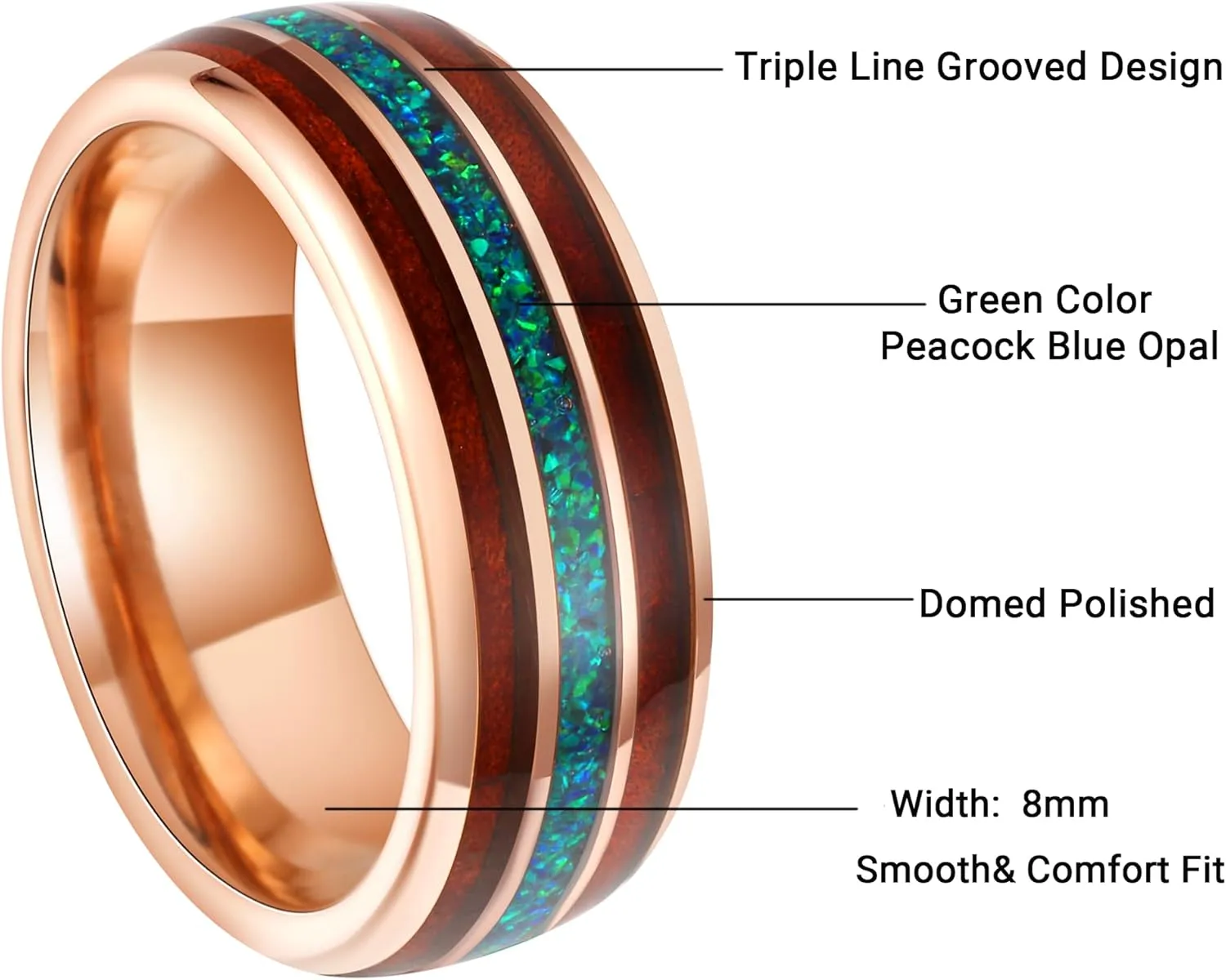8mm Tungsten Rings for Men Rose Gold Men's Wedding Engagement Promise Bands with Meteorite/Dinosaur Bone/Wood/Blue Green Opal Chips Inlay Dome Polished Comfort Fit Size 7-14