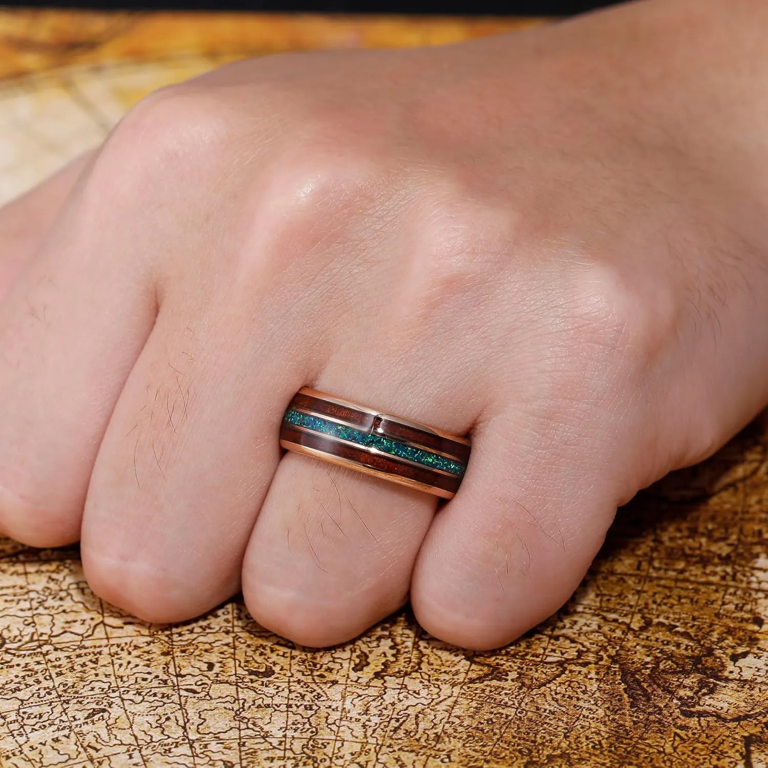 8mm Tungsten Rings for Men Rose Gold Men's Wedding Engagement Promise Bands with Meteorite/Dinosaur Bone/Wood/Blue Green Opal Chips Inlay Dome Polished Comfort Fit Size 7-14