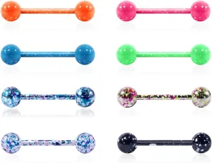 8Pcs 14G Stainless Steel Nipple Rings Colorful Balls Straight Barbell Bars Tongue Ring 16mm(5/8Inch) Body Piercing Jewelry Set
