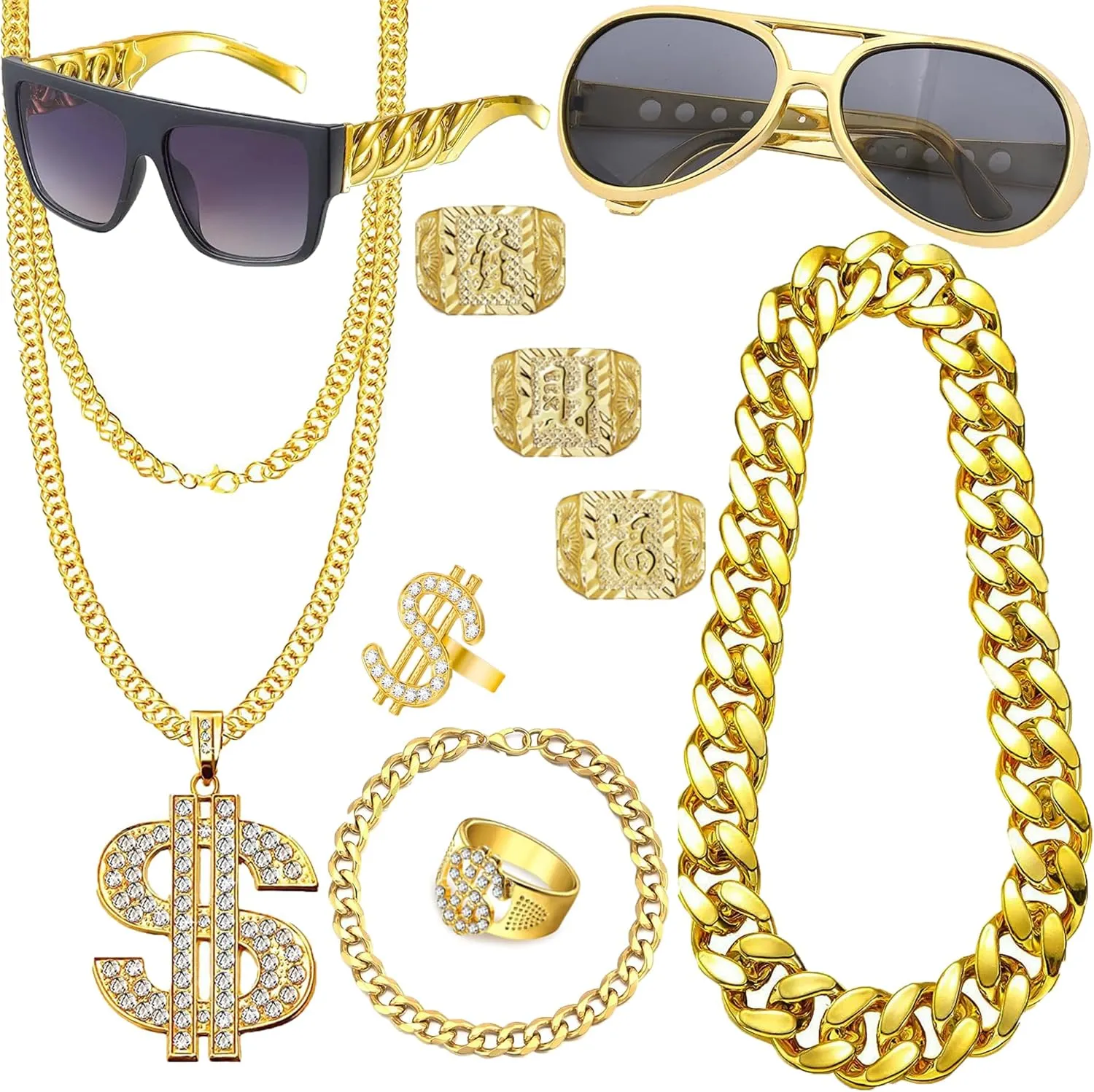 90s Hip Hop 80s Costumes Outfit Kit for Men Women Fake Gold Chain Necklace Dollar Sign Jewelry Rapper Accessories