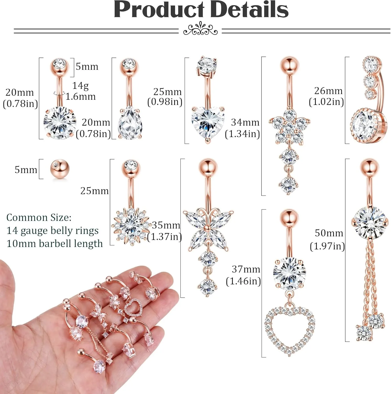 9/10PCS Surgical Stainless Steel Hypoallergenic Belly Button Rings with Extra Replacement Balls, Trendy Dangle Belly Button Piercing Jewelry for Women, 14G - Silver/Gold/Rose Gold