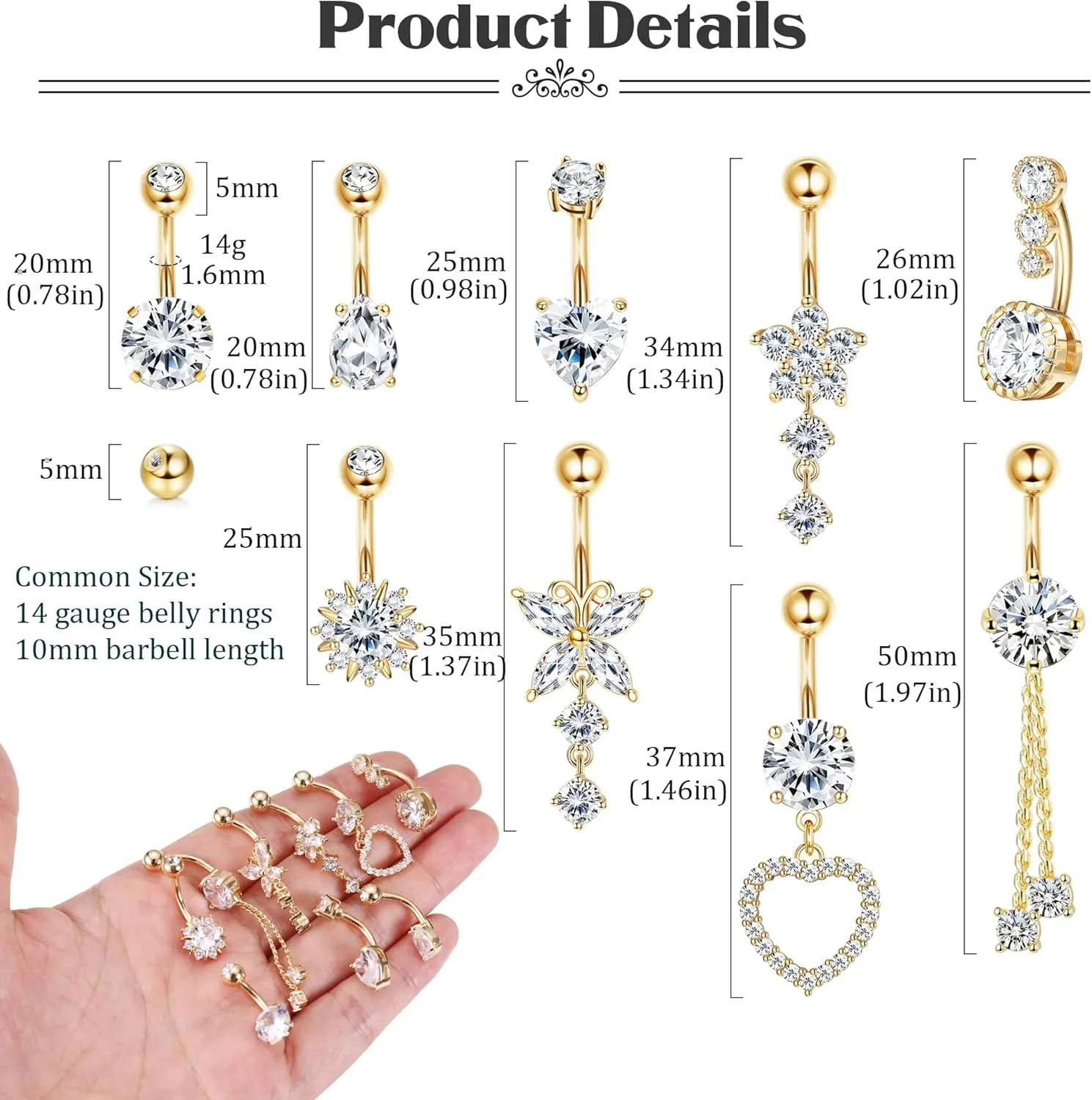 9/10PCS Surgical Stainless Steel Hypoallergenic Belly Button Rings with Extra Replacement Balls, Trendy Dangle Belly Button Piercing Jewelry for Women, 14G - Silver/Gold/Rose Gold