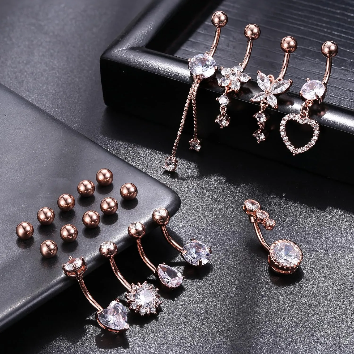 9/10PCS Surgical Stainless Steel Hypoallergenic Belly Button Rings with Extra Replacement Balls, Trendy Dangle Belly Button Piercing Jewelry for Women, 14G - Silver/Gold/Rose Gold