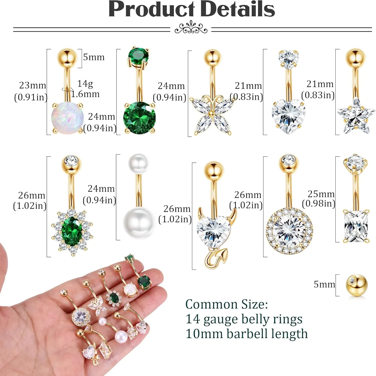 9/10PCS Surgical Stainless Steel Hypoallergenic Belly Button Rings with Extra Replacement Balls, Trendy Dangle Belly Button Piercing Jewelry for Women, 14G - Silver/Gold/Rose Gold