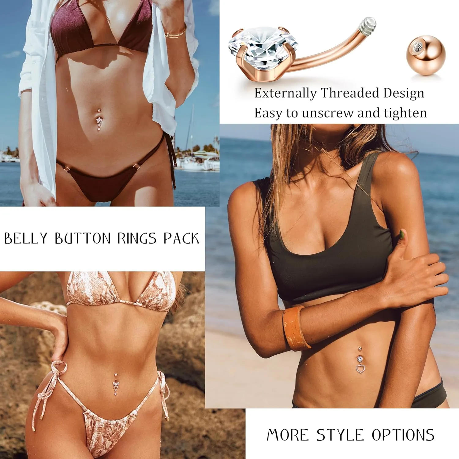 9/10PCS Surgical Stainless Steel Hypoallergenic Belly Button Rings with Extra Replacement Balls, Trendy Dangle Belly Button Piercing Jewelry for Women, 14G - Silver/Gold/Rose Gold