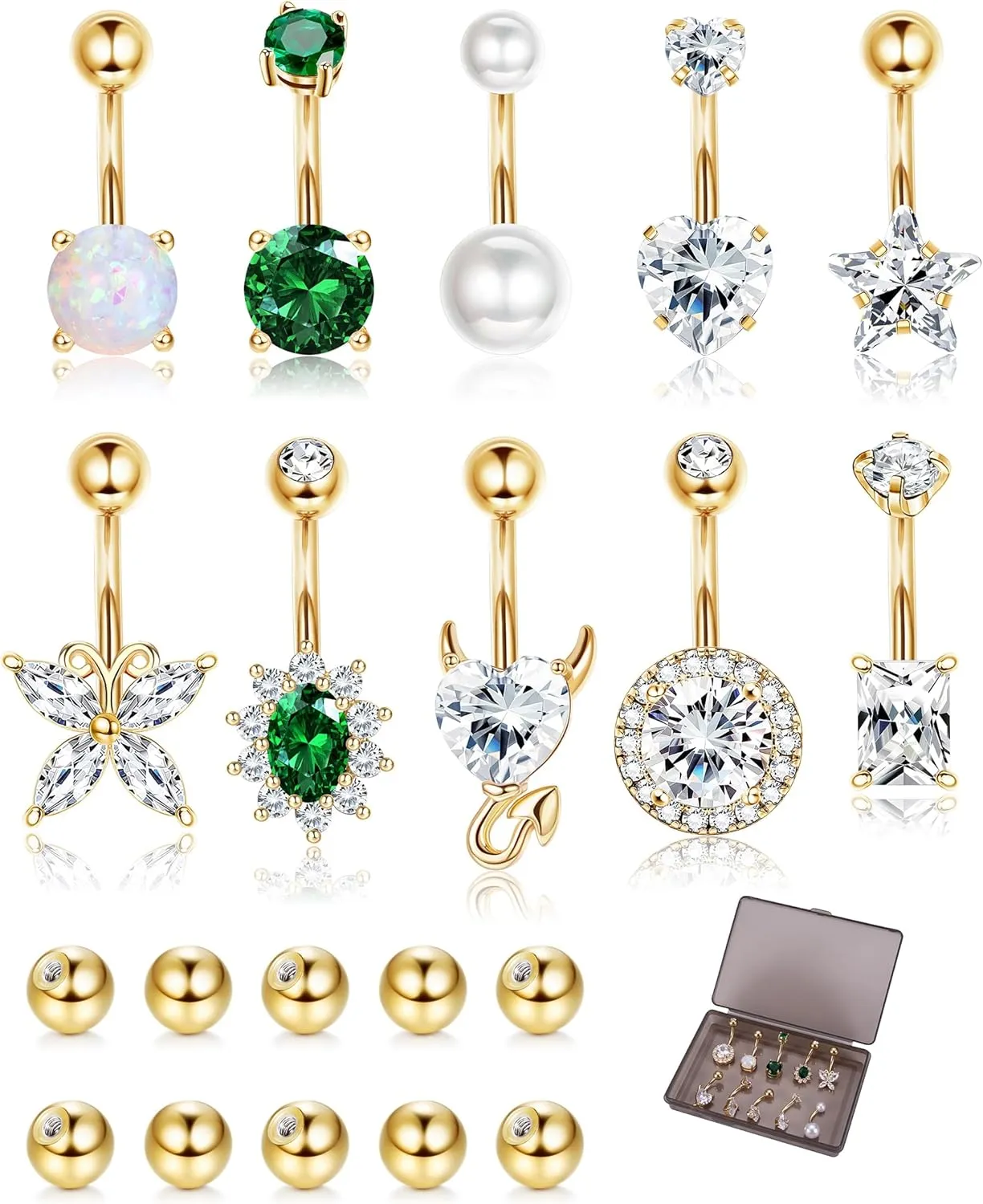 9/10PCS Surgical Stainless Steel Hypoallergenic Belly Button Rings with Extra Replacement Balls, Trendy Dangle Belly Button Piercing Jewelry for Women, 14G - Silver/Gold/Rose Gold