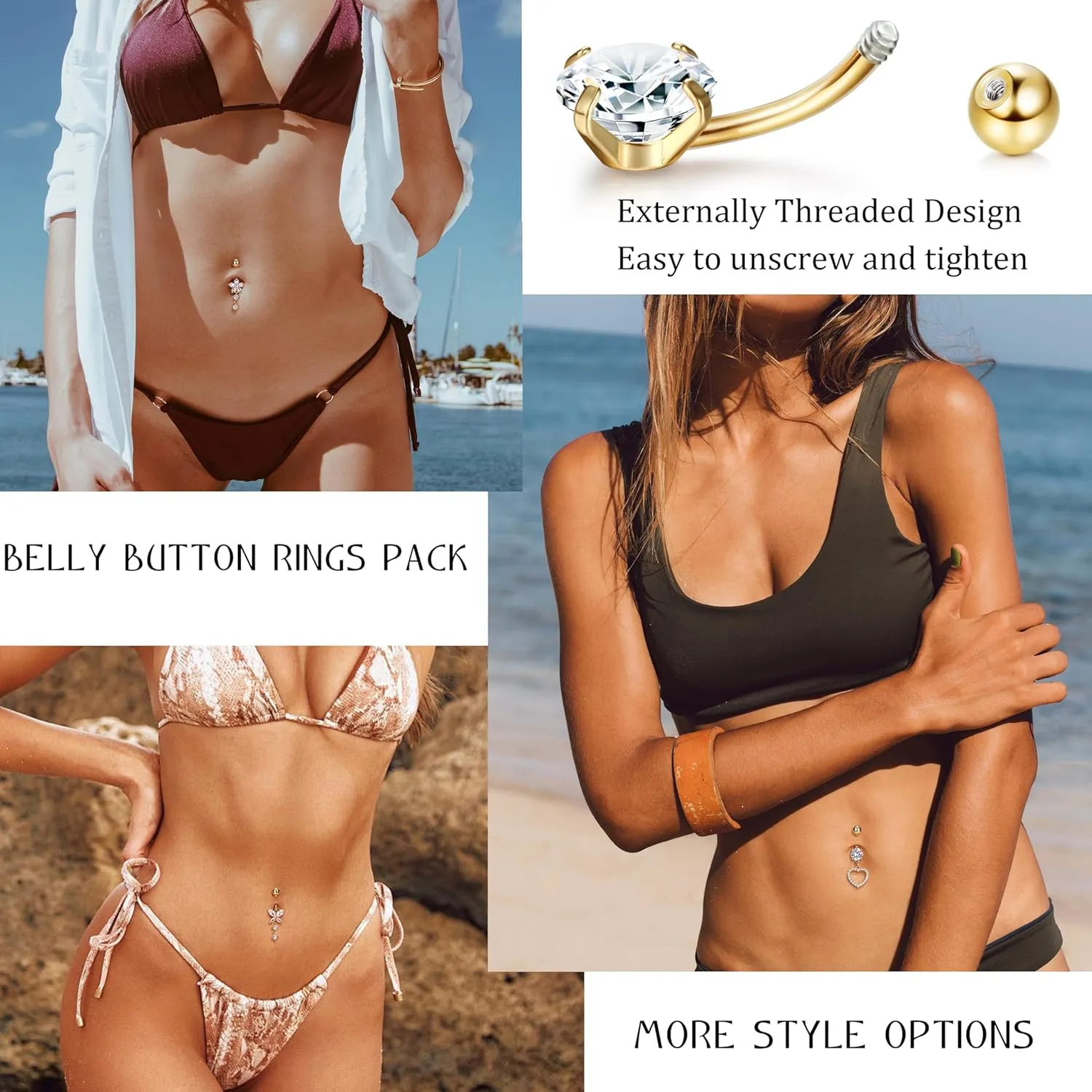9/10PCS Surgical Stainless Steel Hypoallergenic Belly Button Rings with Extra Replacement Balls, Trendy Dangle Belly Button Piercing Jewelry for Women, 14G - Silver/Gold/Rose Gold