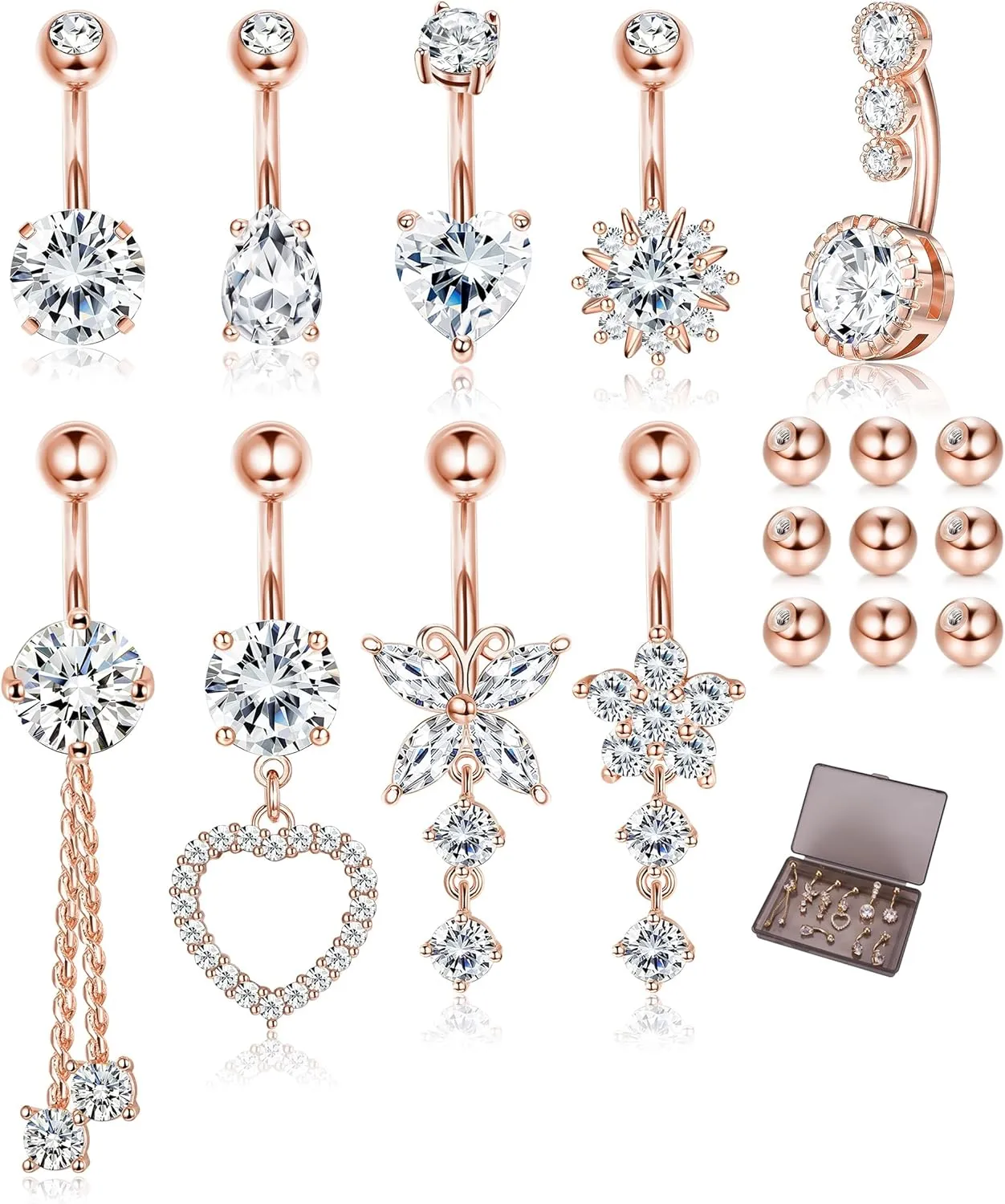 9/10PCS Surgical Stainless Steel Hypoallergenic Belly Button Rings with Extra Replacement Balls, Trendy Dangle Belly Button Piercing Jewelry for Women, 14G - Silver/Gold/Rose Gold