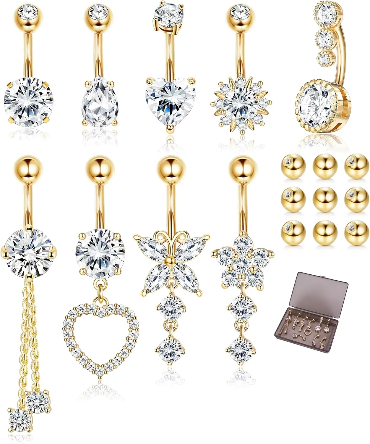 9/10PCS Surgical Stainless Steel Hypoallergenic Belly Button Rings with Extra Replacement Balls, Trendy Dangle Belly Button Piercing Jewelry for Women, 14G - Silver/Gold/Rose Gold